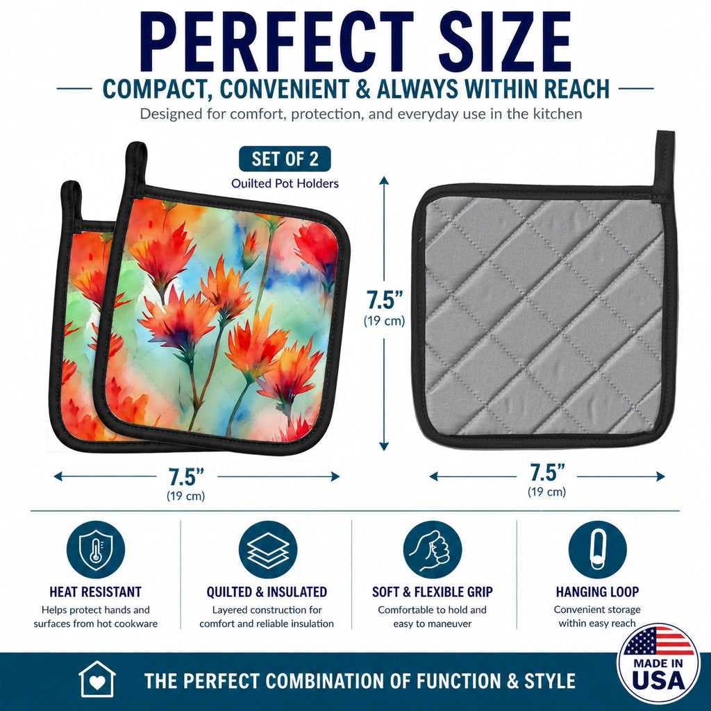 Wyoming Indian Paintbrush in Watercolor Pot Holder Set of 2 Heat Resistant Quilted Hot Pads 7.5 x 7.5 Inch, Insulated Kitchen Trivets for Cooking & Baking