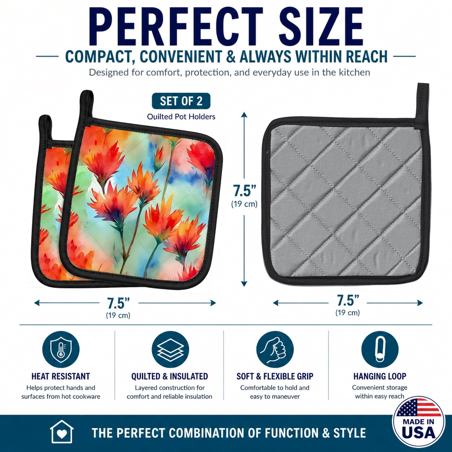 Wyoming Indian Paintbrush in Watercolor Pot Holder Set of 2 Heat Resistant Quilted Hot Pads 7.5 x 7.5 Inch, Insulated Kitchen Trivets for Cooking & Baking