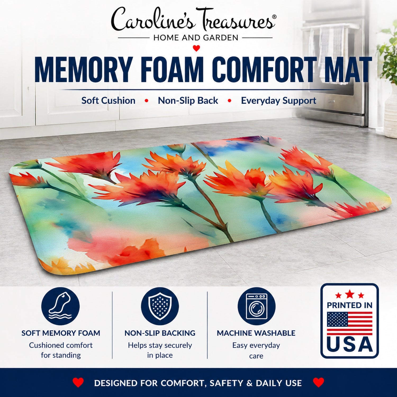 Wyoming Indian Paintbrush in Watercolor Memory Foam Kitchen Mat Machine Washable Anti-Fatigue Cushion Comfort Bath or Kitchen Rug