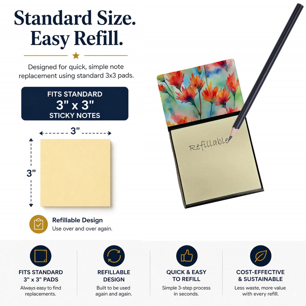 Wyoming Indian Paintbrush in Watercolor Watercolor Sticky Note Holder Refillable Dispenser Desk Accessory 3x3 Pad Gift