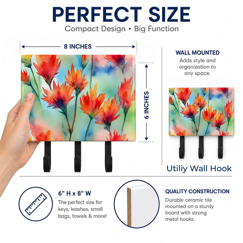 Wyoming Indian Paintbrush in Watercolor Leash or Key Holder Wall Hooks, Coat Rack Wall Mount, for Hanging Keys, Towels, Aprons, Leashes