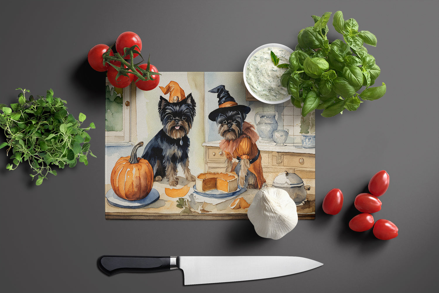 Affenpinscher Fall Kitchen Pumpkins Cutting Board Tempered Glass Kitchen Cutting Surface, Heat Resistant Chopping, Non-Slip Feet, Food Prep & Serving