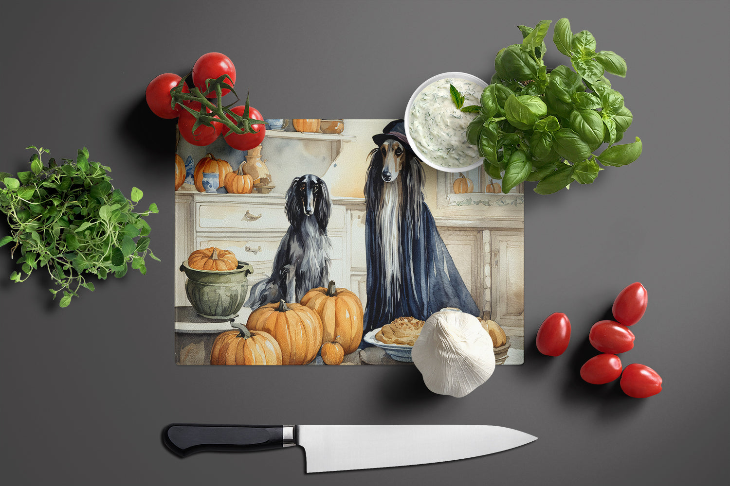 Afghan Hound Fall Kitchen Pumpkins Cutting Board Tempered Glass Kitchen Cutting Surface, Heat Resistant Chopping, Non-Slip Feet, Food Prep & Serving