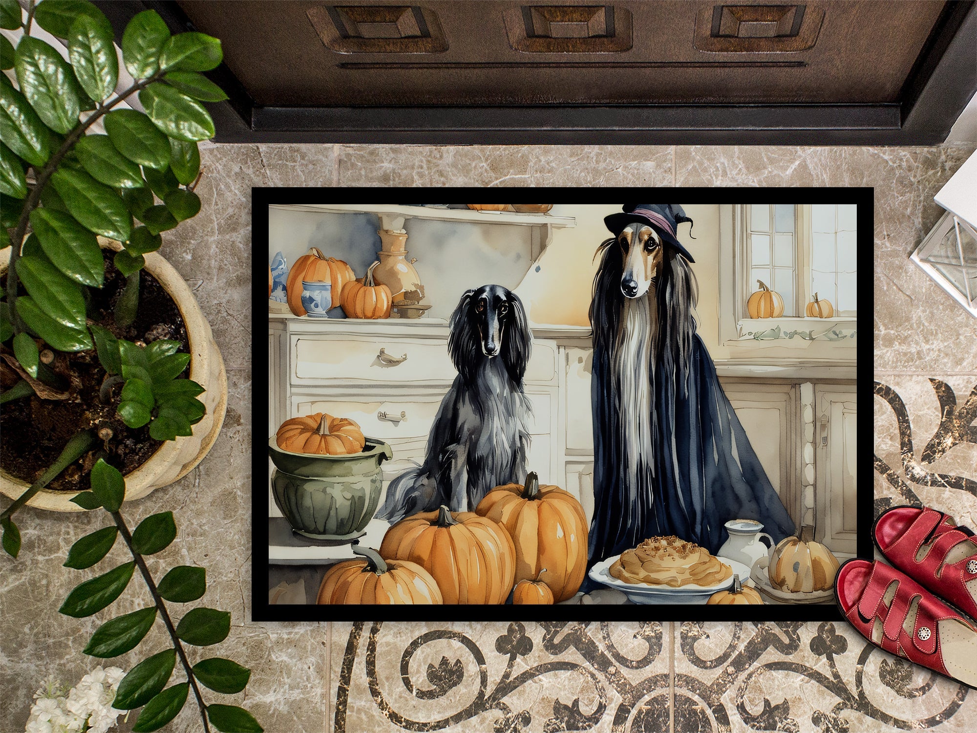Afghan Hound Fall Kitchen Pumpkins Doormat Indoor Outdoor 18H X 27W Front Door Mat Rugs for Entryway, Non Slip Washable