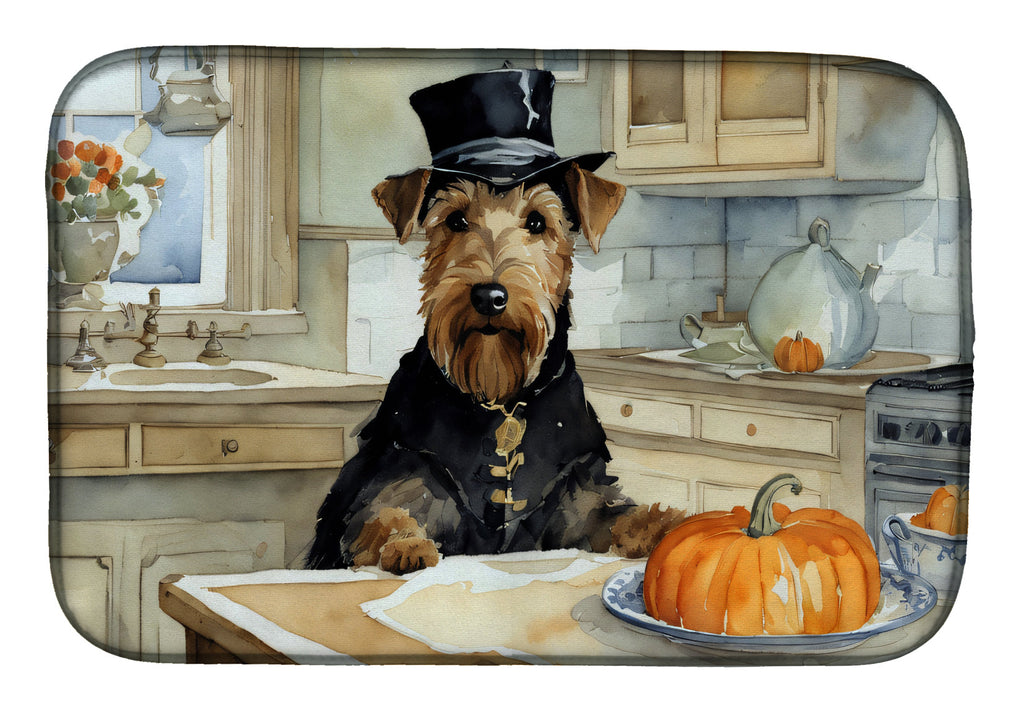 Airedale Terrier Fall Kitchen Pumpkins Dish Drying Mat Absorbent Dish Drying Mat Pad for Kitchen Counter Dish Drainer Mat for Countertop, 14 x 21", Multicolor