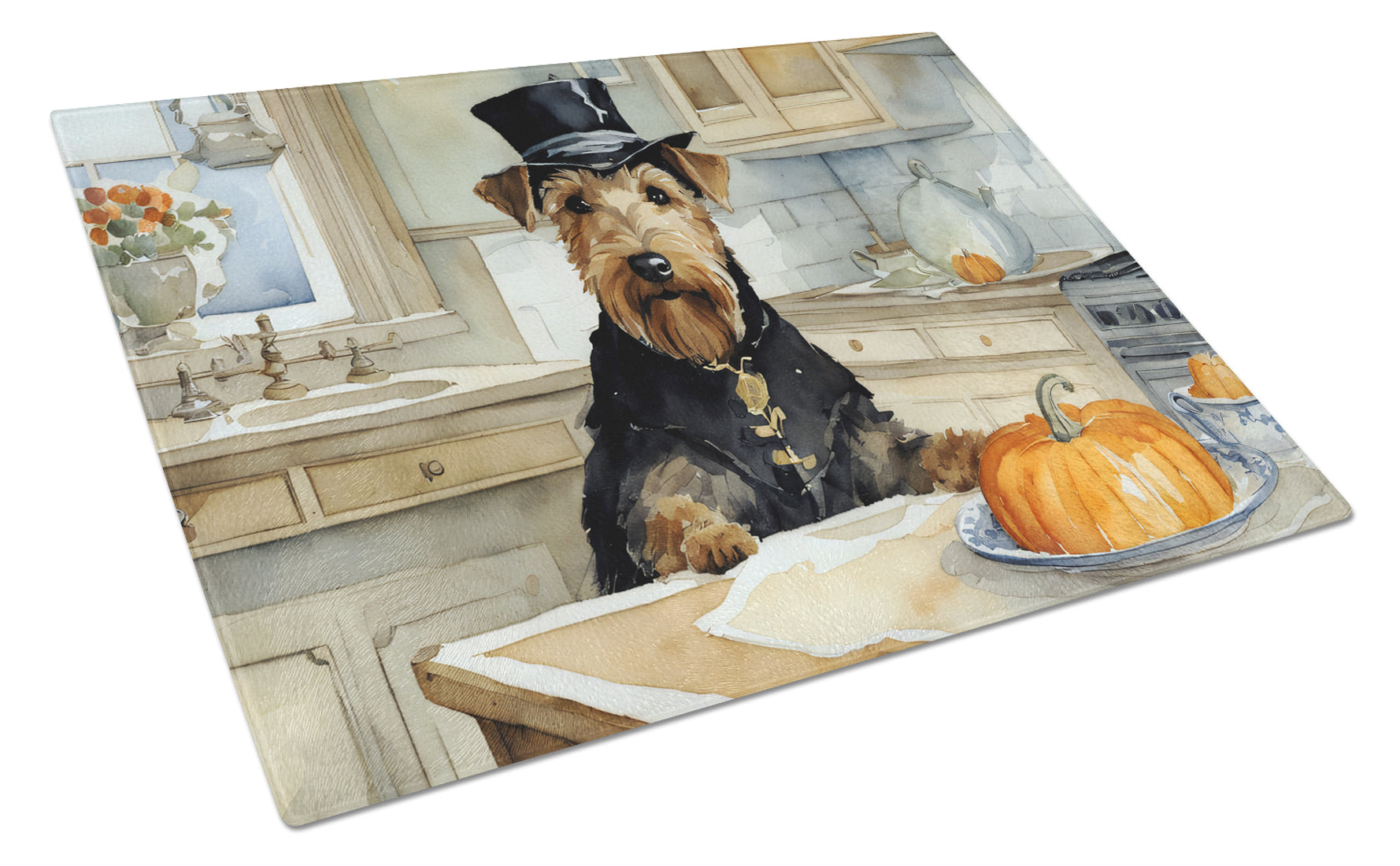 Airedale Terrier Fall Kitchen Pumpkins Cutting Board Tempered Glass Kitchen Cutting Surface, Heat Resistant Chopping, Non-Slip Feet, Food Prep & Serving