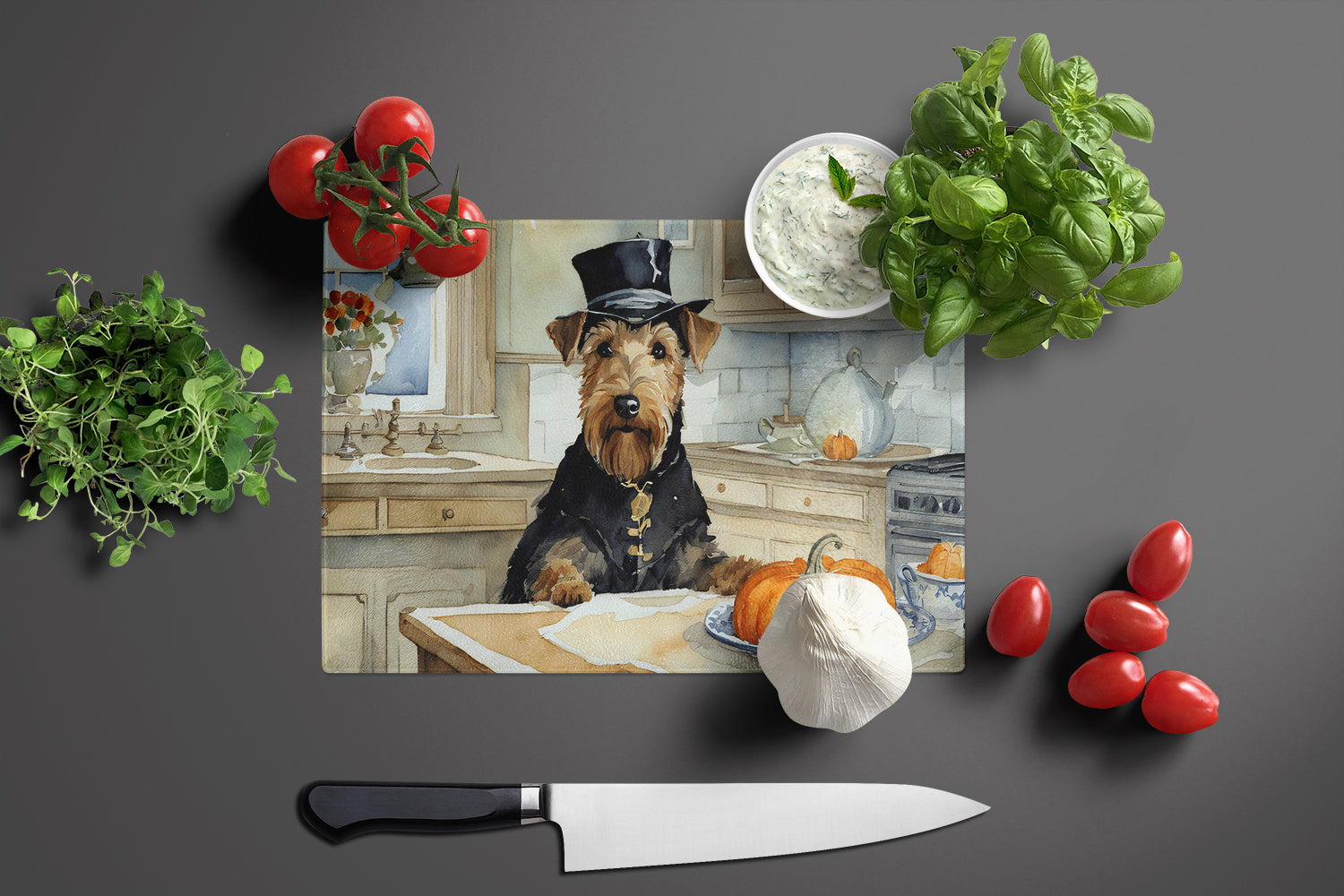 Airedale Terrier Fall Kitchen Pumpkins Cutting Board Tempered Glass Kitchen Cutting Surface, Heat Resistant Chopping, Non-Slip Feet, Food Prep & Serving