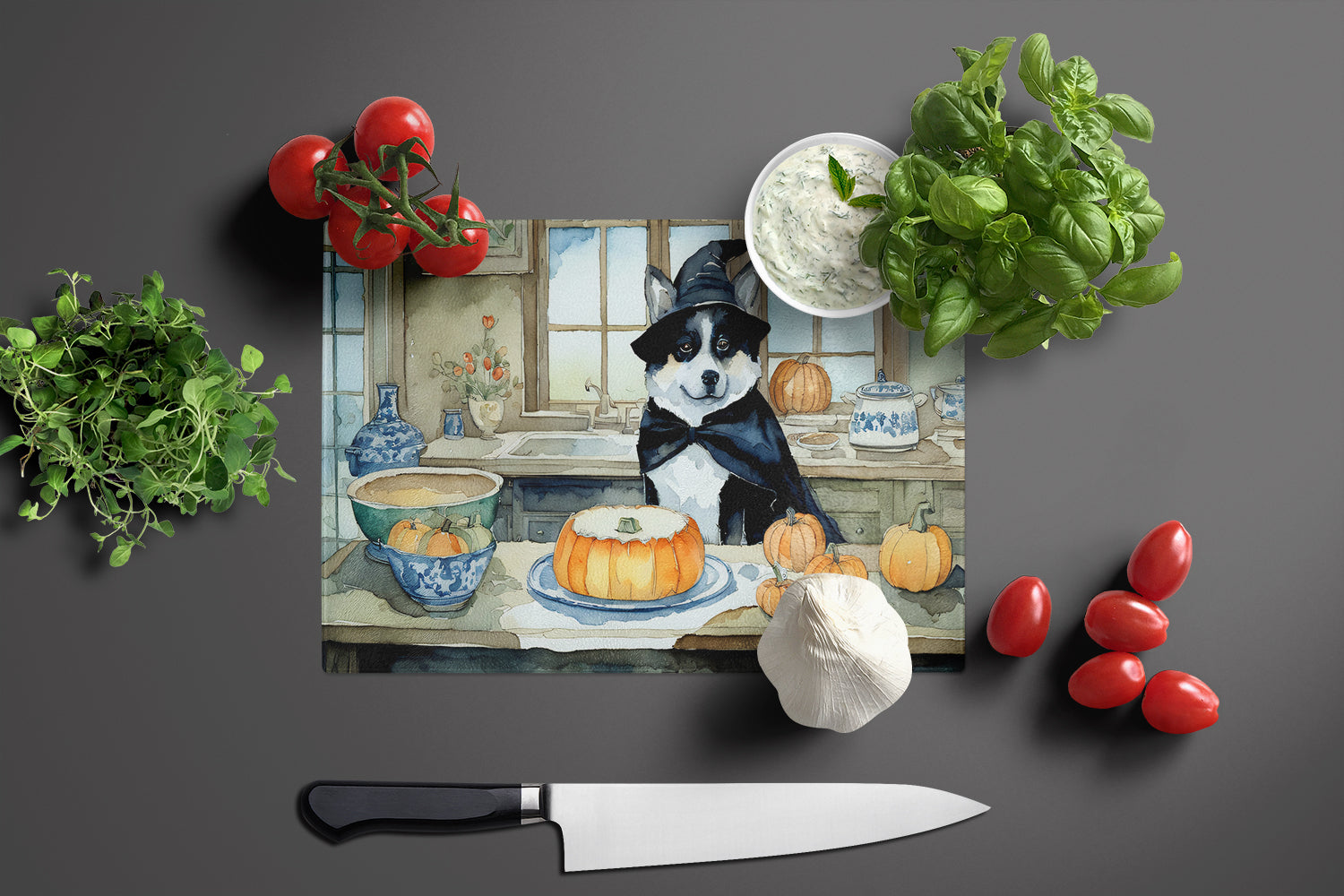 Akita Fall Kitchen Pumpkins Cutting Board Tempered Glass Kitchen Cutting Surface, Heat Resistant Chopping, Non-Slip Feet, Food Prep & Serving