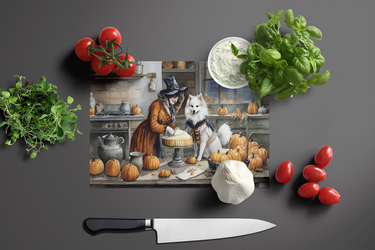 American Eskimo Fall Kitchen Pumpkins Cutting Board Tempered Glass Kitchen Cutting Surface, Heat Resistant Chopping, Non-Slip Feet, Food Prep & Serving