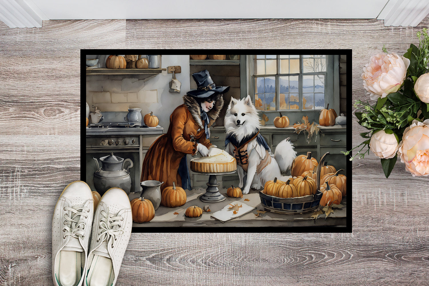 American Eskimo Fall Kitchen Pumpkins Doormat Indoor Outdoor 18H X 27W Front Door Mat Rugs for Entryway, Non Slip Washable