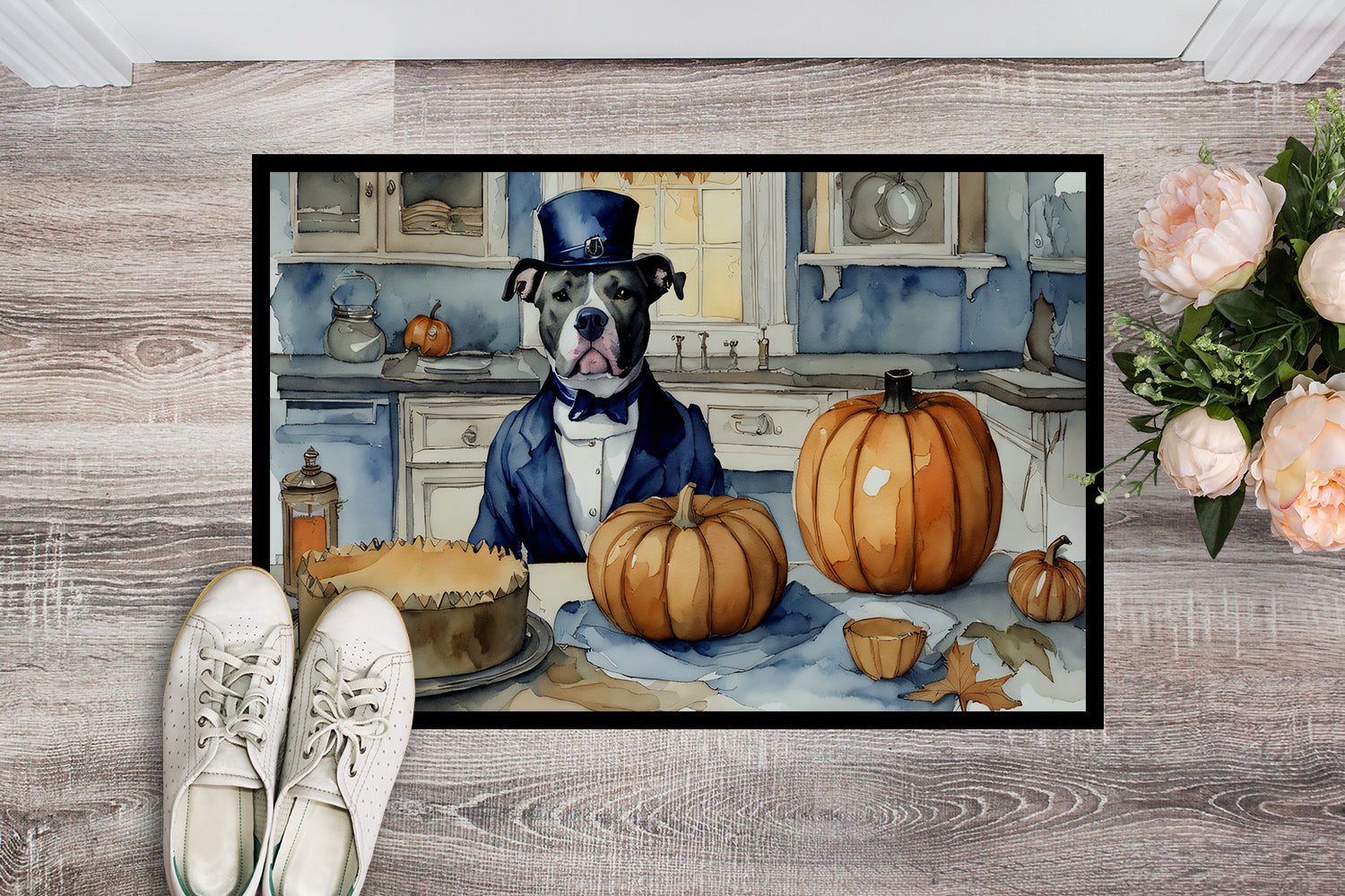 Pit Bull Terrier Fall Kitchen Pumpkins Doormat Indoor Outdoor 18H X 27W Front Door Mat Rugs for Entryway, Non Slip Washable