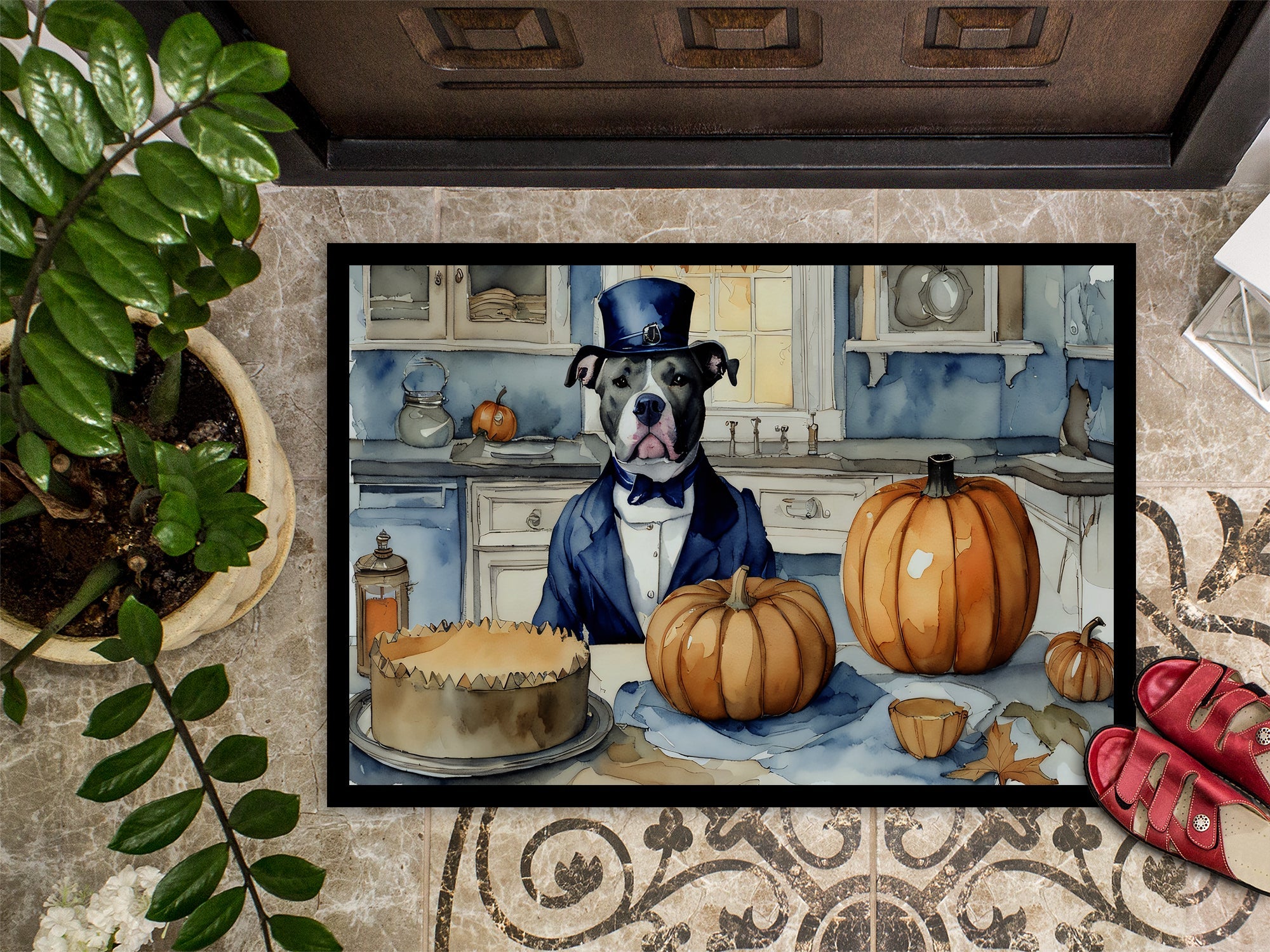 Pit Bull Terrier Fall Kitchen Pumpkins Doormat Indoor Outdoor 18H X 27W Front Door Mat Rugs for Entryway, Non Slip Washable