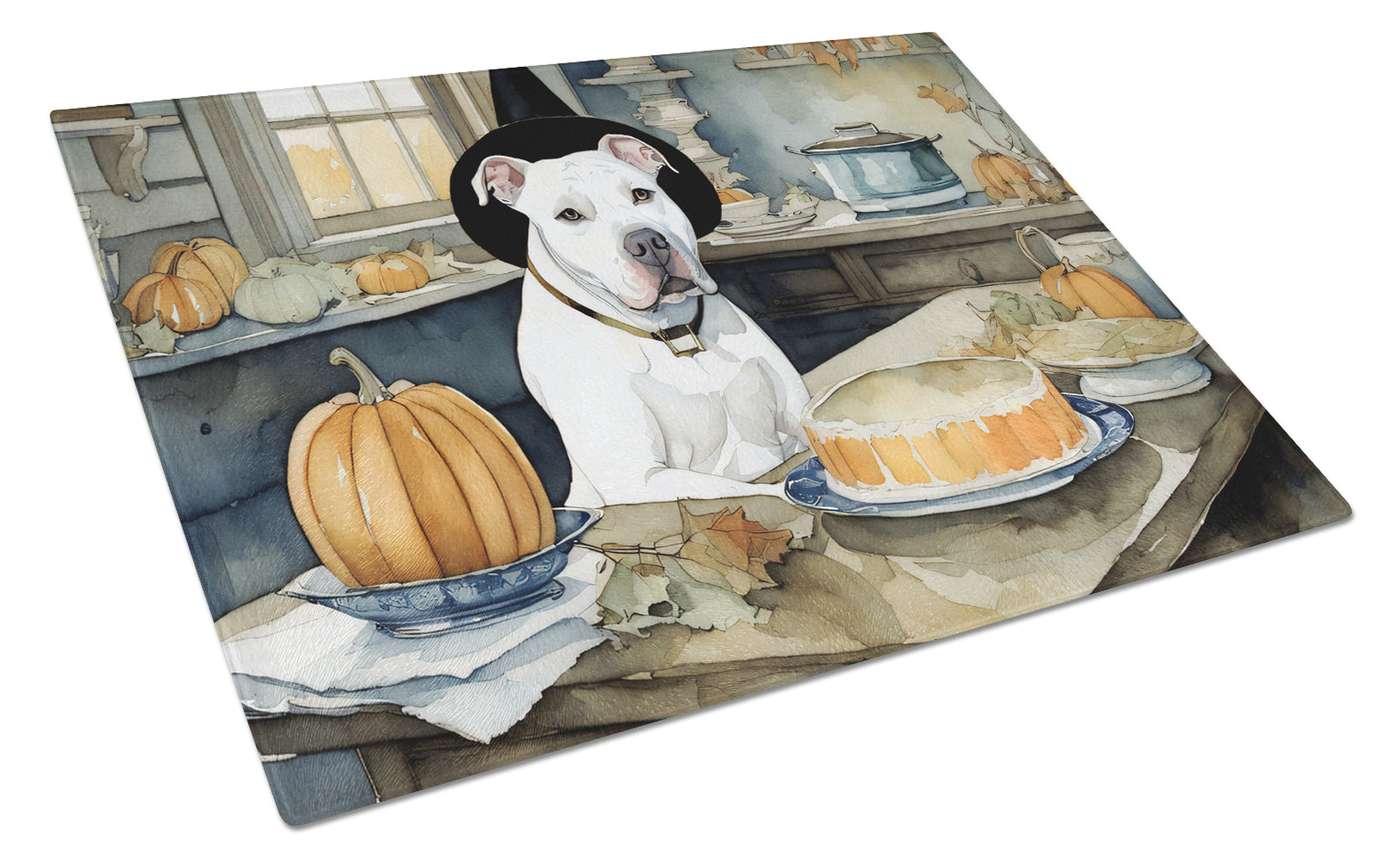 Pit Bull Terrier Fall Kitchen Pumpkins Cutting Board Tempered Glass Kitchen Cutting Surface, Heat Resistant Chopping, Non-Slip Feet, Food Prep & Serving