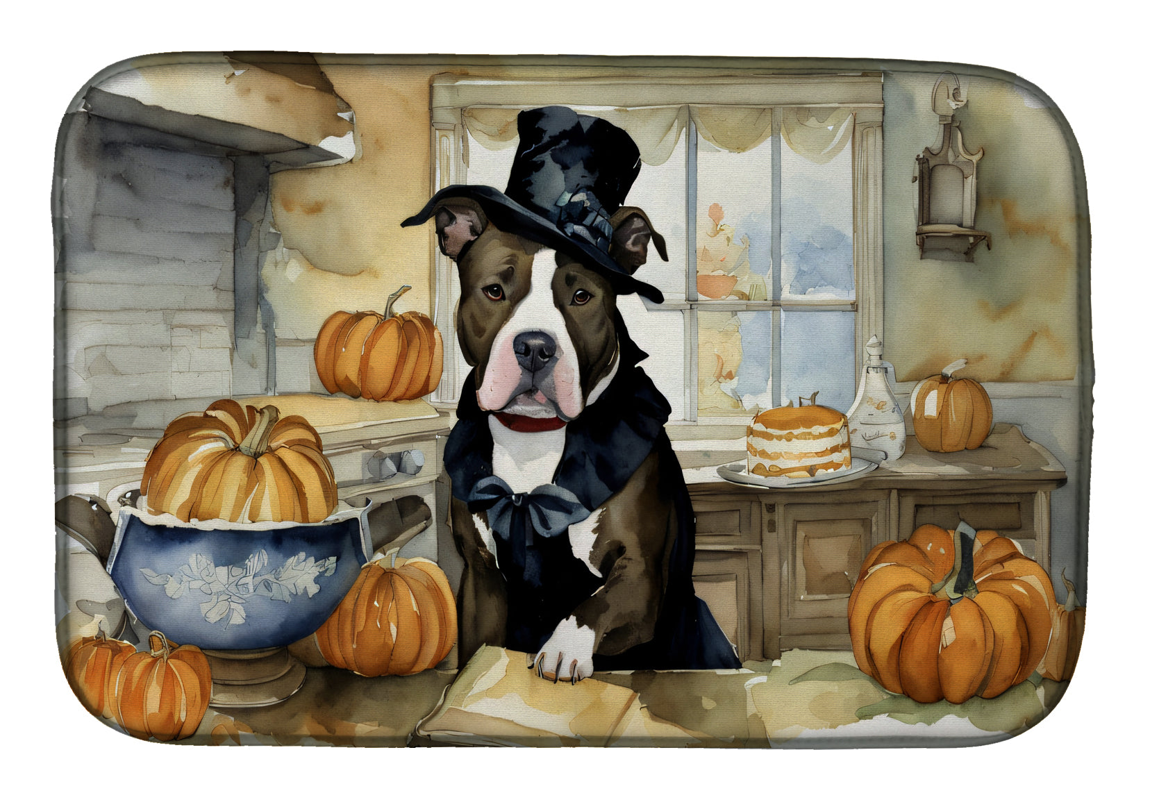 Pit Bull Terrier Fall Kitchen Pumpkins Dish Drying Mat Absorbent Dish Drying Mat Pad for Kitchen Counter Dish Drainer Mat for Countertop, 14 x 21", Multicolor