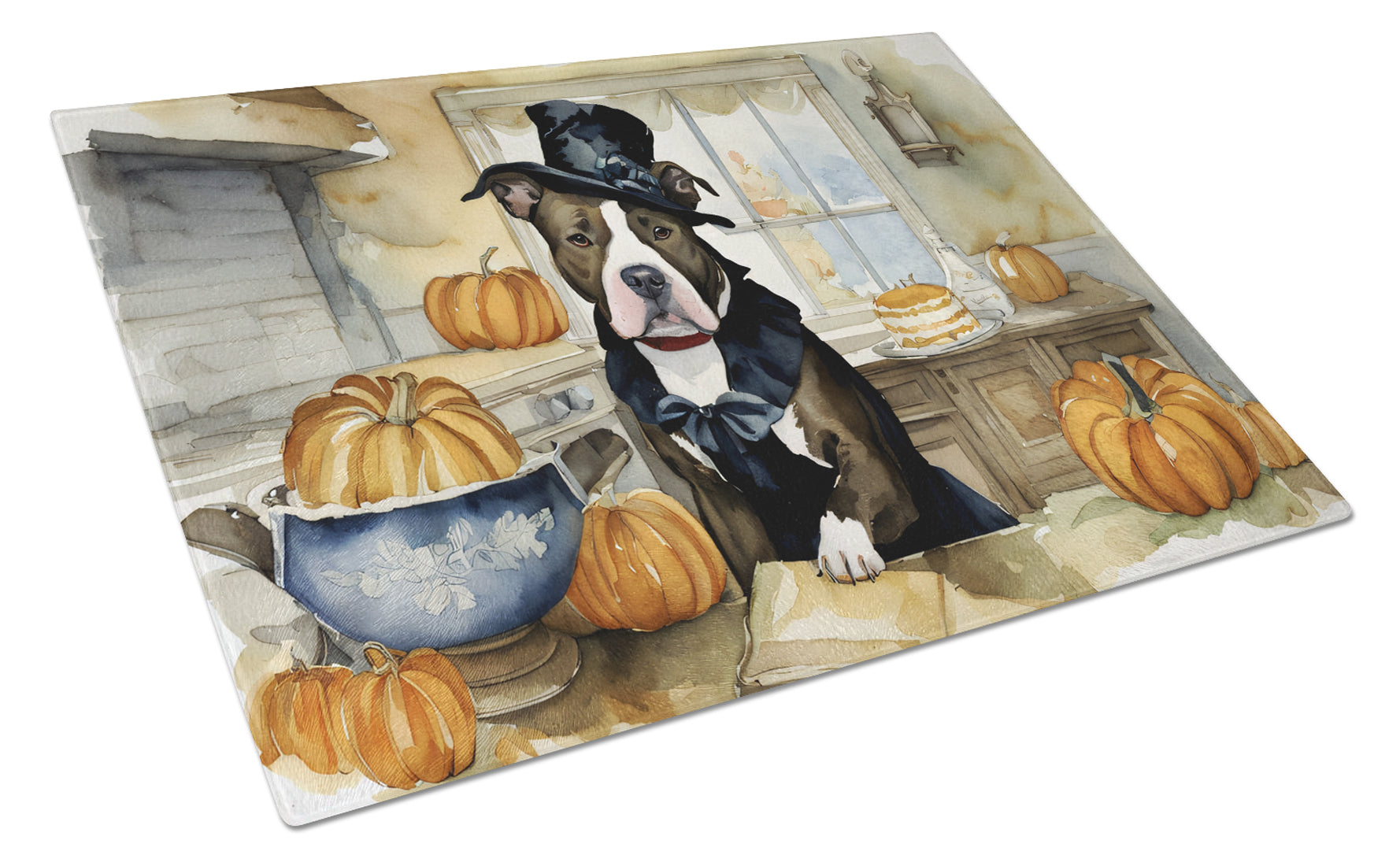 Pit Bull Terrier Fall Kitchen Pumpkins Cutting Board Tempered Glass Kitchen Cutting Surface, Heat Resistant Chopping, Non-Slip Feet, Food Prep & Serving