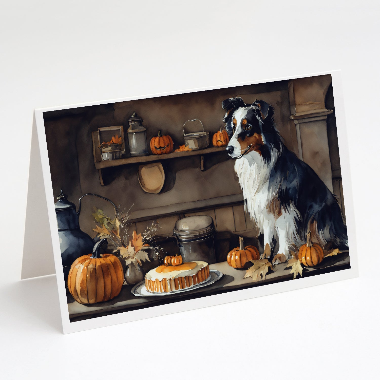 Australian Shepherd Fall Kitchen Pumpkins Greeting Cards Pack of 8 Blank Cards with Envelopes Whimsical A7 Size 5x7