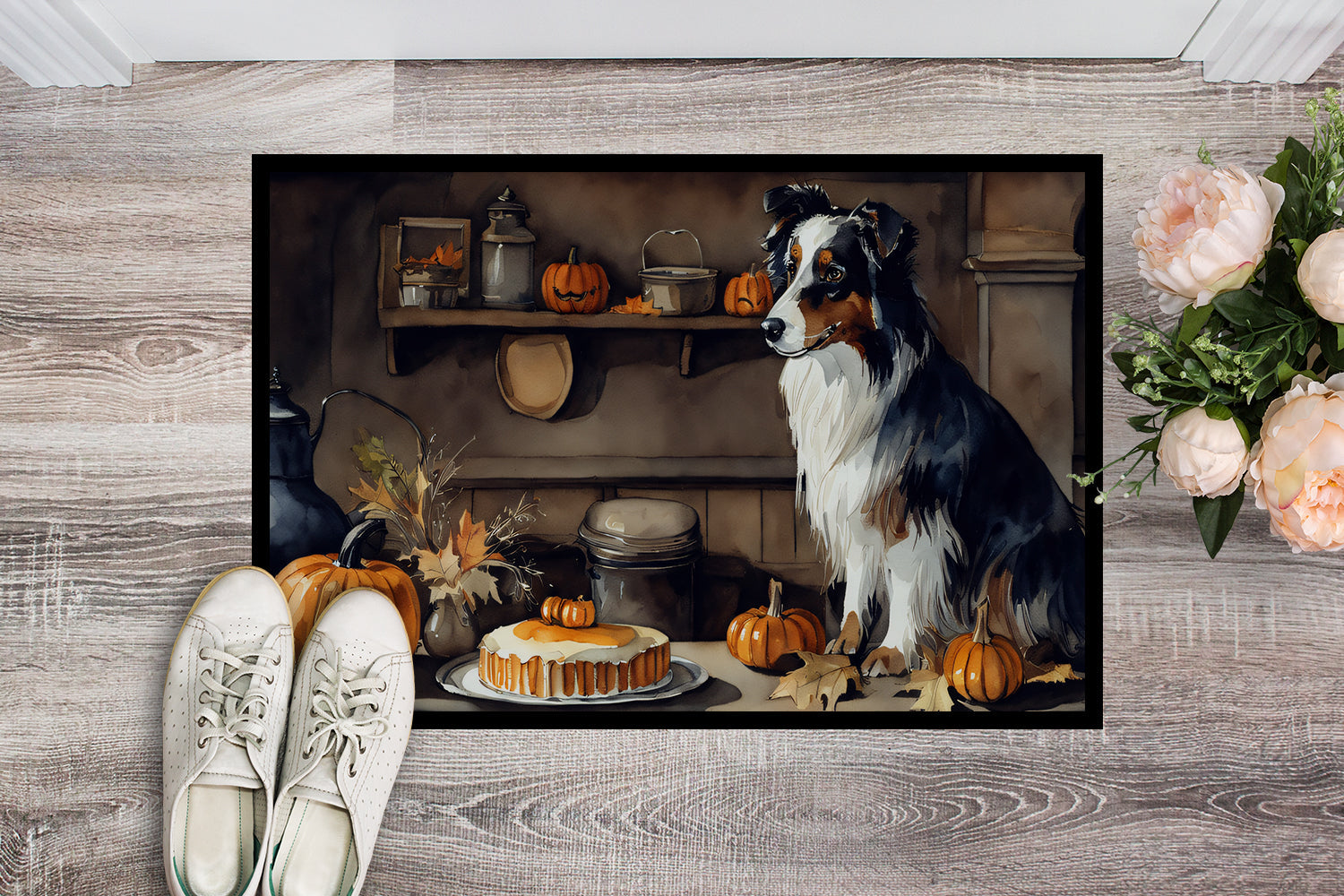 Australian Shepherd Fall Kitchen Pumpkins Doormat Indoor Outdoor 24H X 36W Front Door Mat Rugs for Entryway, Non Slip Washable Low Pile,