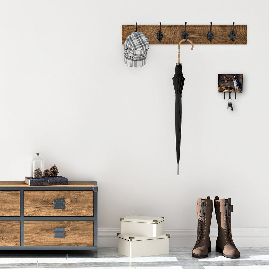 Australian Shepherd Fall Kitchen Pumpkins Leash or Key Holder Wall Hooks, Coat Rack Wall Mount, for Hanging Keys, Towels, Aprons, Leashes