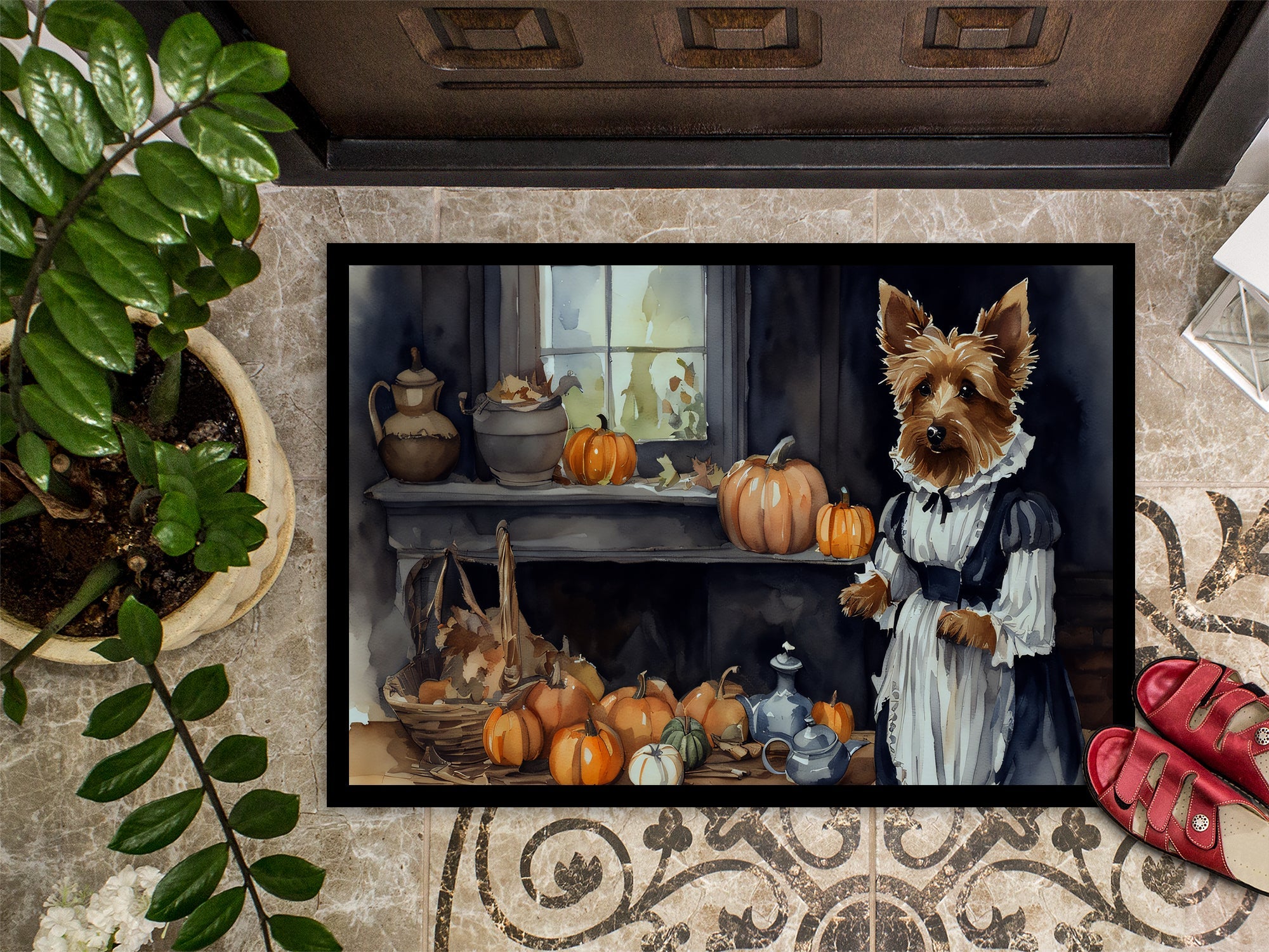 Australian Terrier Fall Kitchen Pumpkins Doormat Indoor Outdoor 24H X 36W Front Door Mat Rugs for Entryway, Non Slip Washable Low Pile,