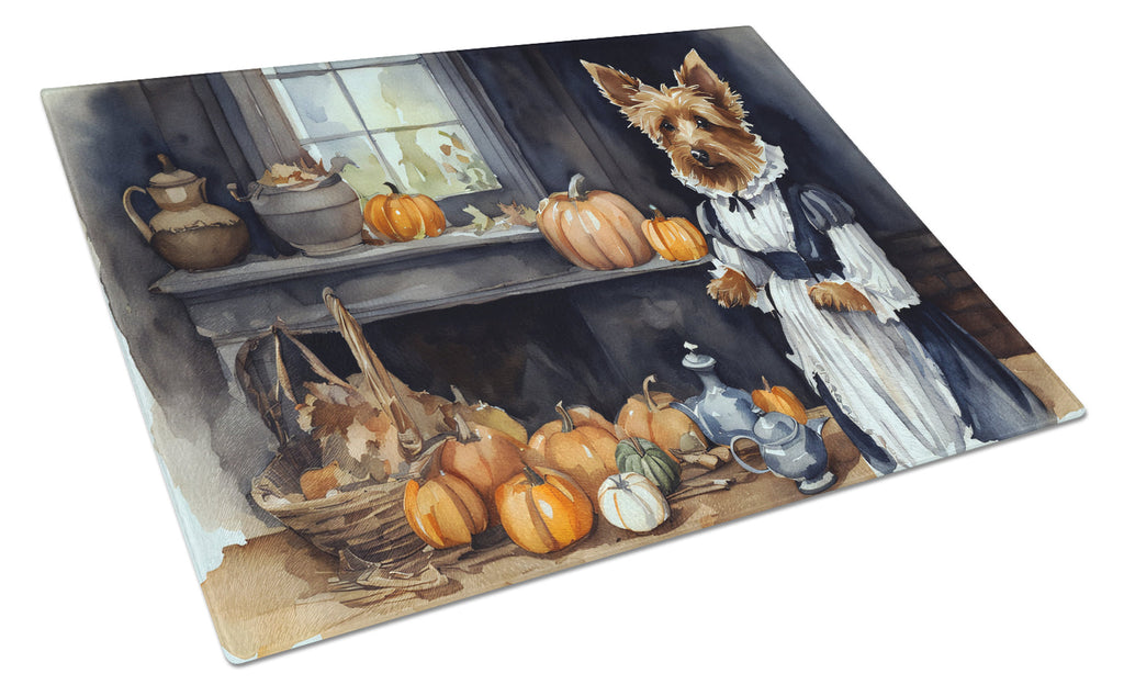 Australian Terrier Fall Kitchen Pumpkins Cutting Board Tempered Glass Kitchen Cutting Surface, Heat Resistant Chopping, Non-Slip Feet, Food Prep & Serving