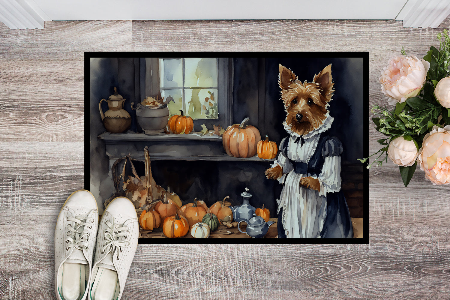 Australian Terrier Fall Kitchen Pumpkins Doormat Indoor Outdoor 18H X 27W Front Door Mat Rugs for Entryway, Non Slip Washable