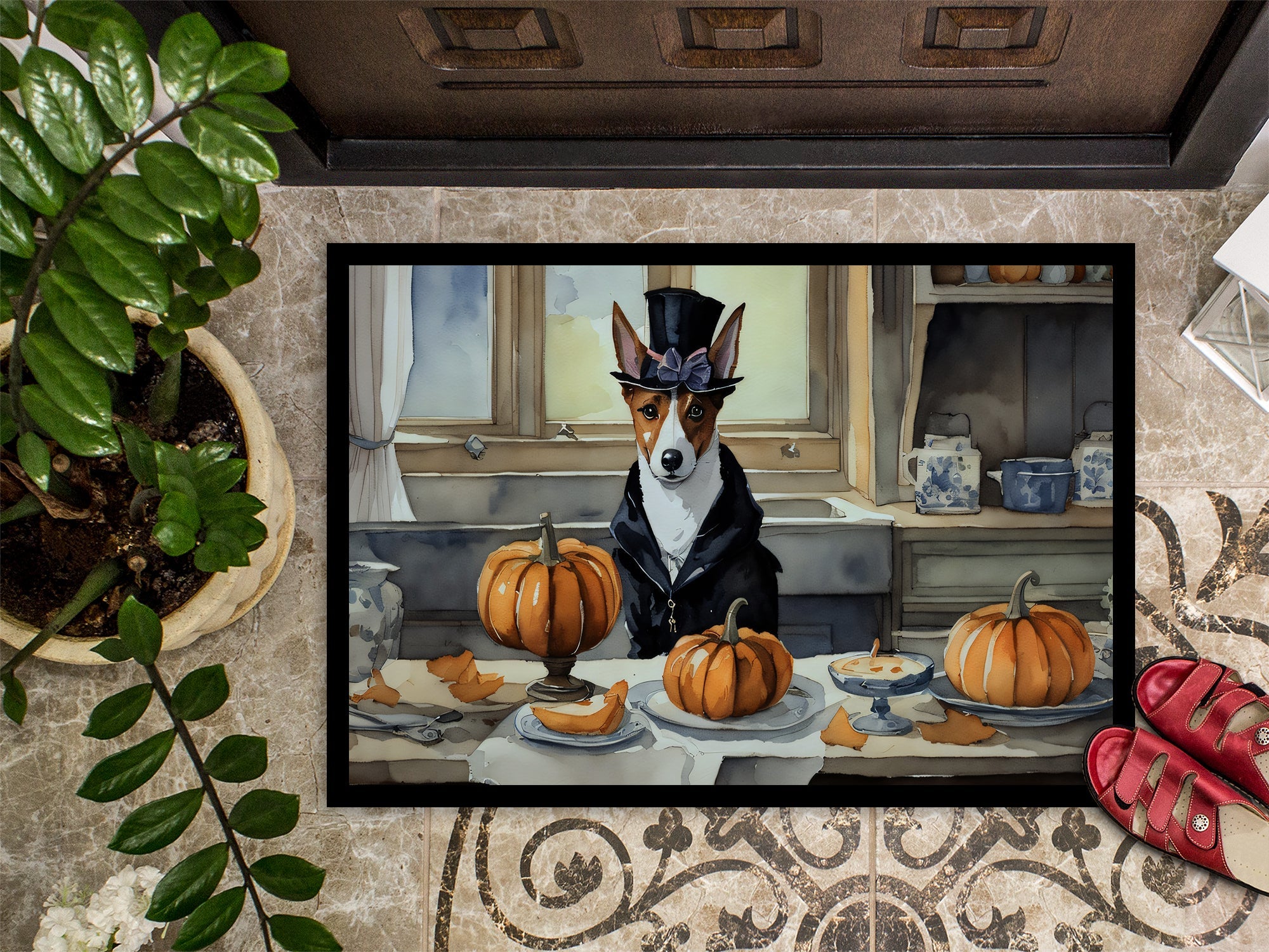 Basenji Fall Kitchen Pumpkins Doormat Indoor Outdoor 18H X 27W Front Door Mat Rugs for Entryway, Non Slip Washable