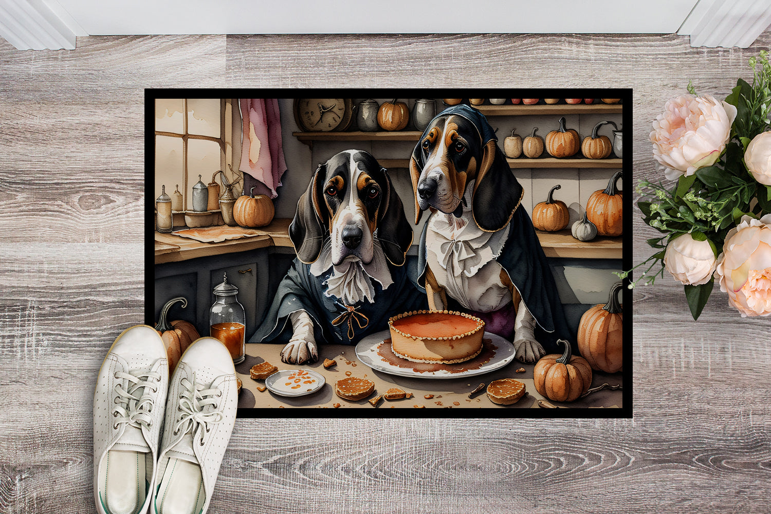 Basset Hound Fall Kitchen Pumpkins Doormat Indoor Outdoor 24H X 36W Front Door Mat Rugs for Entryway, Non Slip Washable Low Pile,