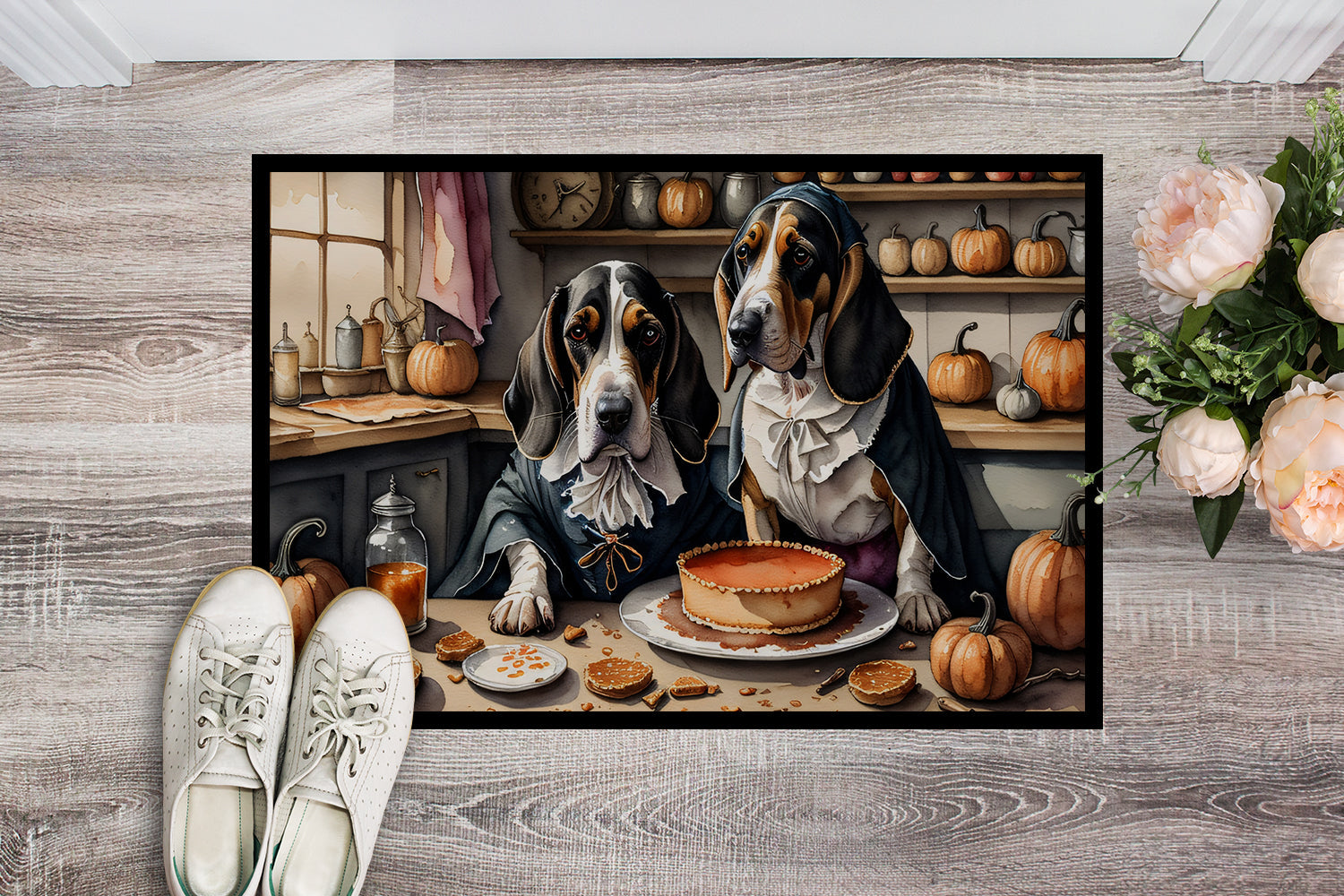 Basset Hound Fall Kitchen Pumpkins Doormat Indoor Outdoor 18H X 27W Front Door Mat Rugs for Entryway, Non Slip Washable