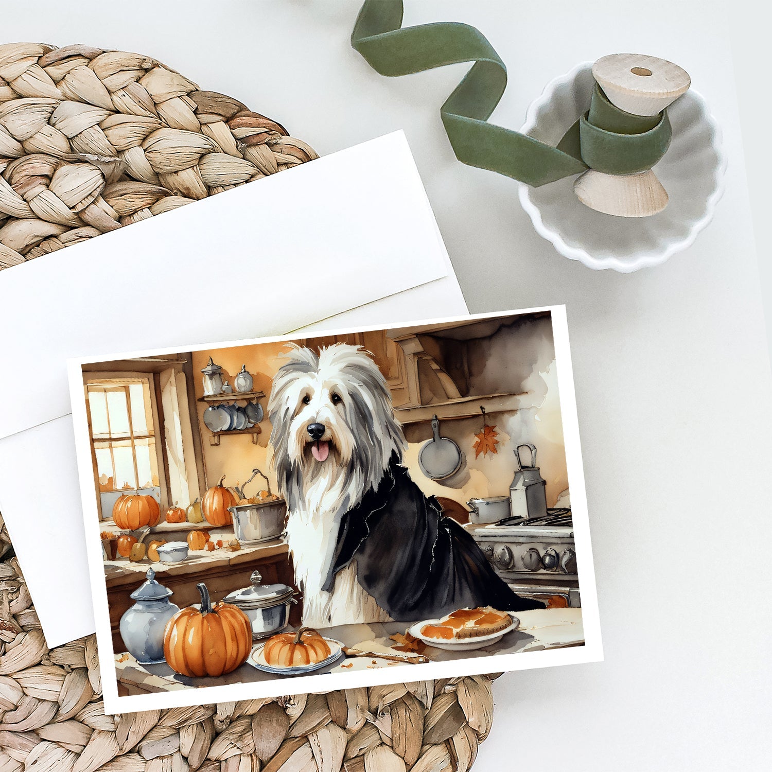 Bearded Collie Fall Kitchen Pumpkins Greeting Cards Pack of 8 Blank Cards with Envelopes Whimsical A7 Size 5x7