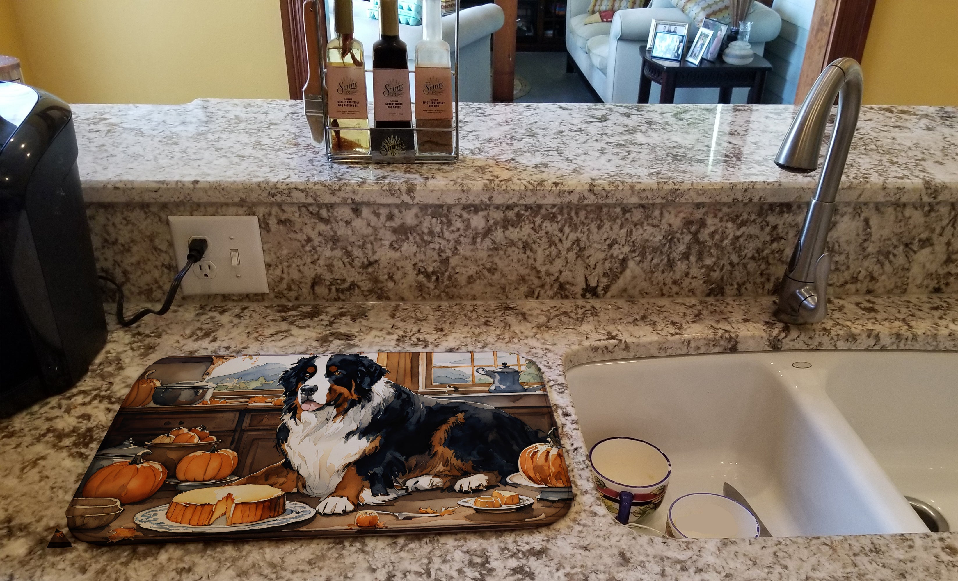 Bernese Mountain Dog Fall Kitchen Pumpkins Dish Drying Mat Absorbent Dish Drying Mat Pad for Kitchen Counter Dish Drainer Mat for Countertop, 14 x 21", Multicolor