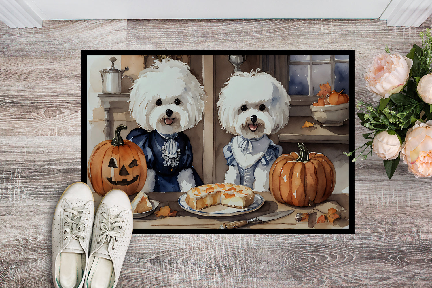 Bichon Frise Fall Kitchen Pumpkins Doormat Indoor Outdoor 18H X 27W Front Door Mat Rugs for Entryway, Non Slip Washable