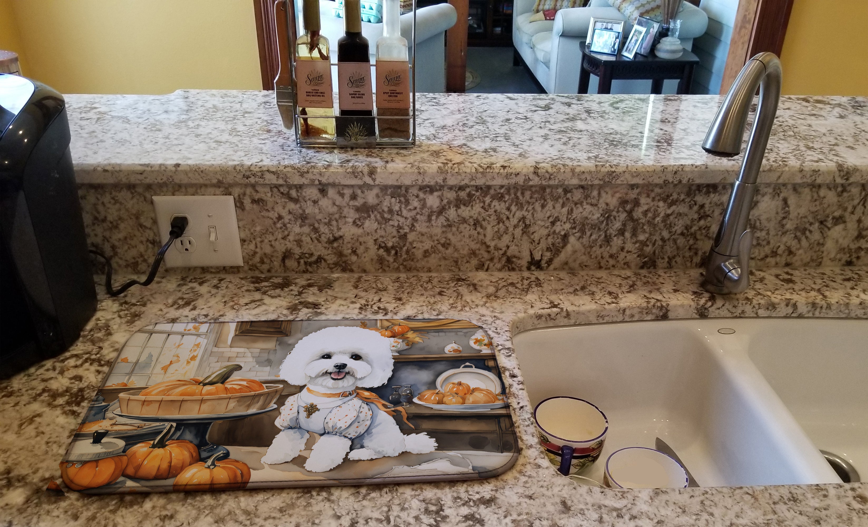 Bichon Frise Fall Kitchen Pumpkins Dish Drying Mat Absorbent Dish Drying Mat Pad for Kitchen Counter Dish Drainer Mat for Countertop, 14 x 21", Multicolor