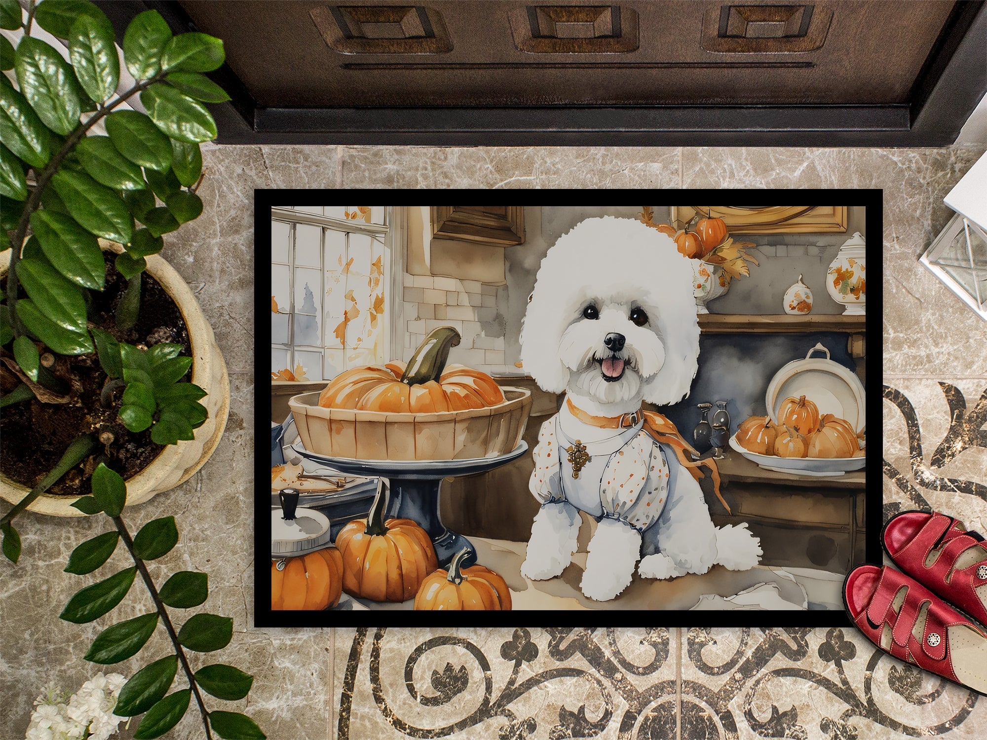 Bichon Frise Fall Kitchen Pumpkins Doormat Indoor Outdoor 24H X 36W Front Door Mat Rugs for Entryway, Non Slip Washable Low Pile,