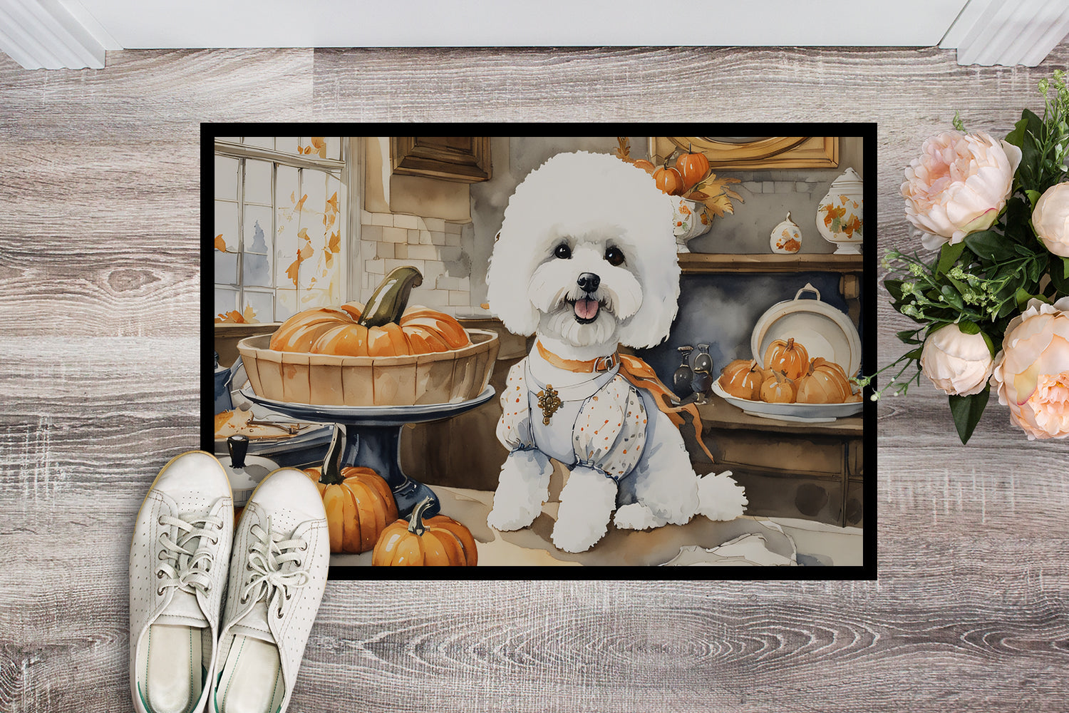 Bichon Frise Fall Kitchen Pumpkins Doormat Indoor Outdoor 18H X 27W Front Door Mat Rugs for Entryway, Non Slip Washable