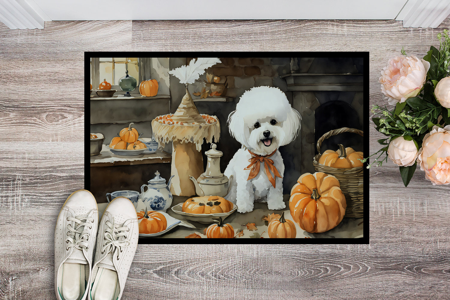 Bichon Frise Fall Kitchen Pumpkins Doormat Indoor Outdoor 18H X 27W Front Door Mat Rugs for Entryway, Non Slip Washable