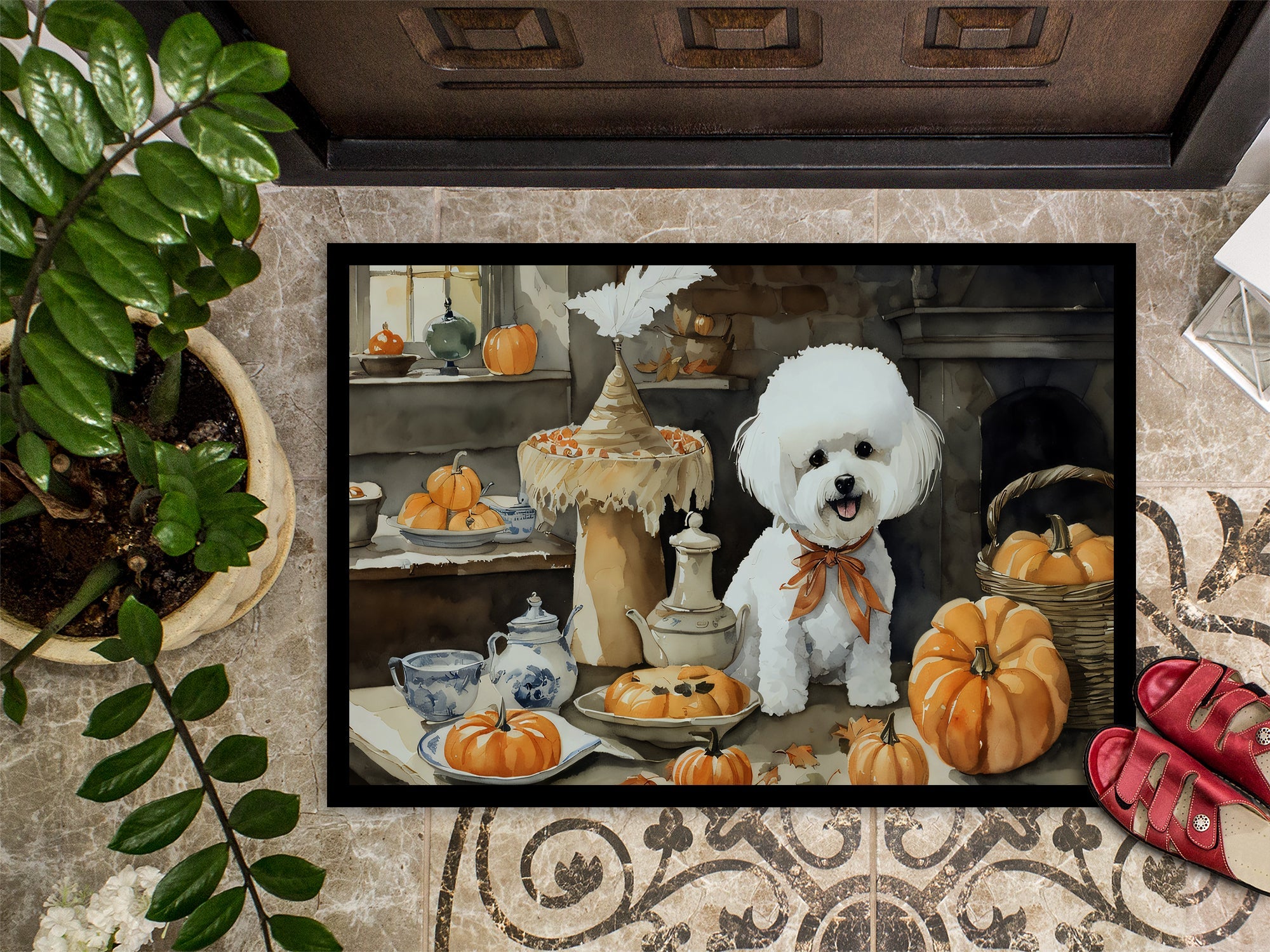 Bichon Frise Fall Kitchen Pumpkins Doormat Indoor Outdoor 18H X 27W Front Door Mat Rugs for Entryway, Non Slip Washable