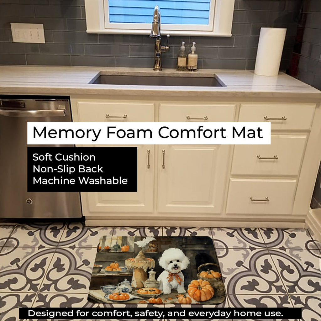 Bichon Frise Fall Kitchen Pumpkins Memory Foam Kitchen Mat Machine Washable Anti-Fatigue Cushion Comfort Bath or Kitchen Rug