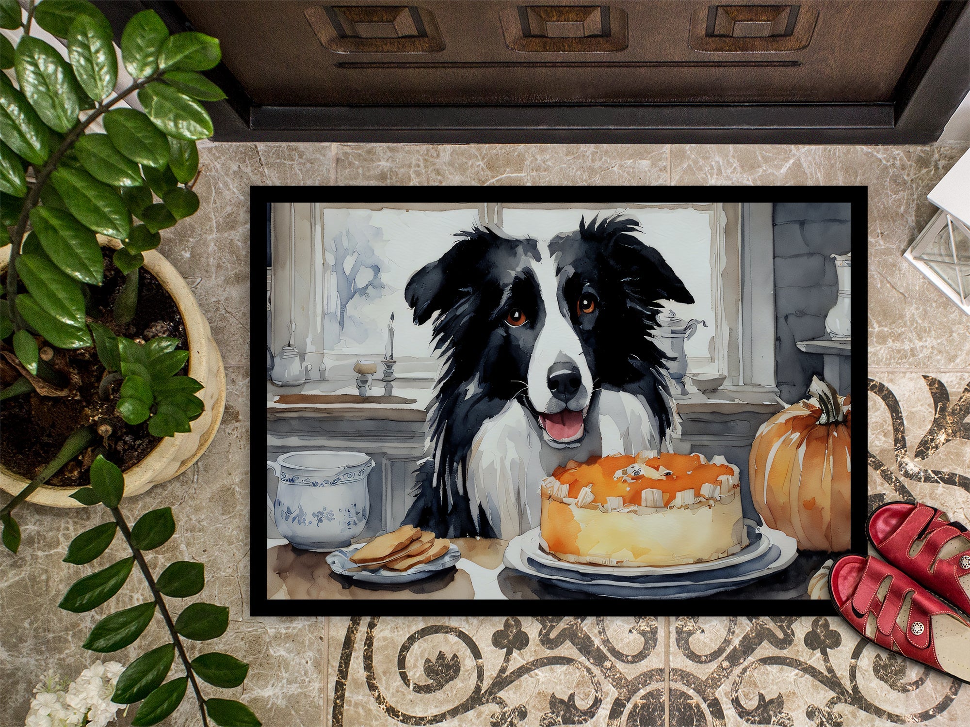Border Collie Fall Kitchen Pumpkins Doormat Indoor Outdoor 18H X 27W Front Door Mat Rugs for Entryway, Non Slip Washable