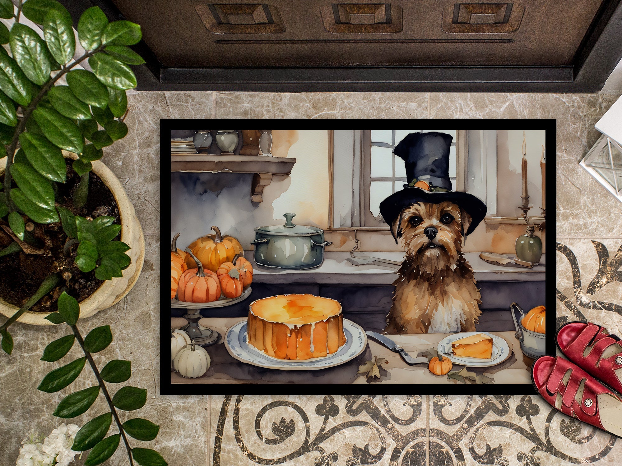 Border Terrier Fall Kitchen Pumpkins Doormat Indoor Outdoor 24H X 36W Front Door Mat Rugs for Entryway, Non Slip Washable Low Pile,