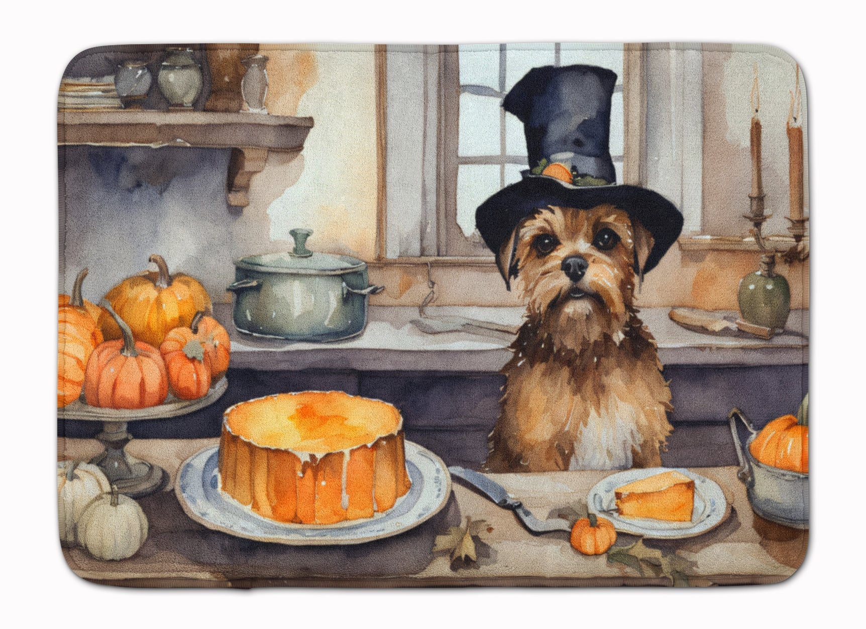 Border Terrier Fall Kitchen Pumpkins Memory Foam Kitchen Mat Machine Washable Anti-Fatigue Cushion Comfort Bath or Kitchen Rug