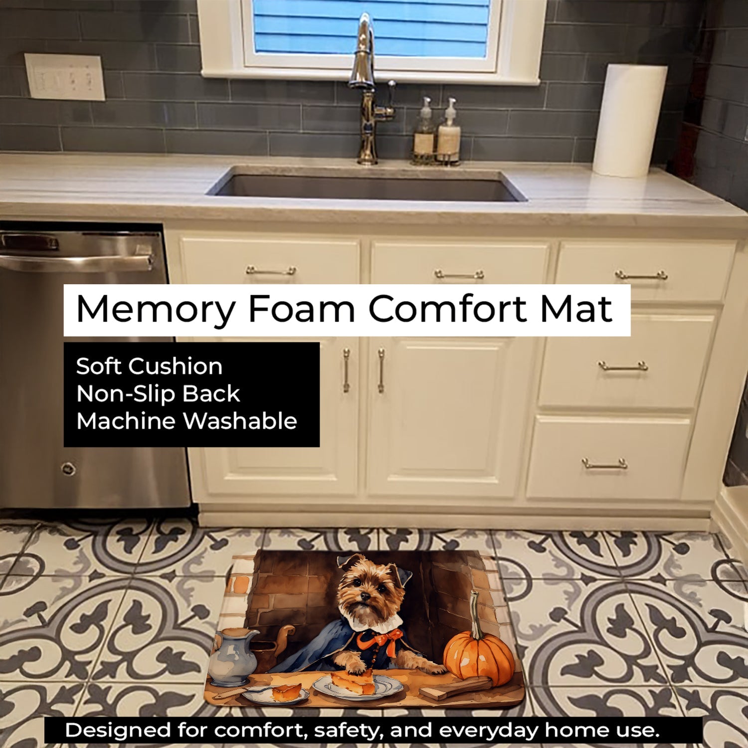 Border Terrier Fall Kitchen Pumpkins Memory Foam Kitchen Mat Machine Washable Anti-Fatigue Cushion Comfort Bath or Kitchen Rug