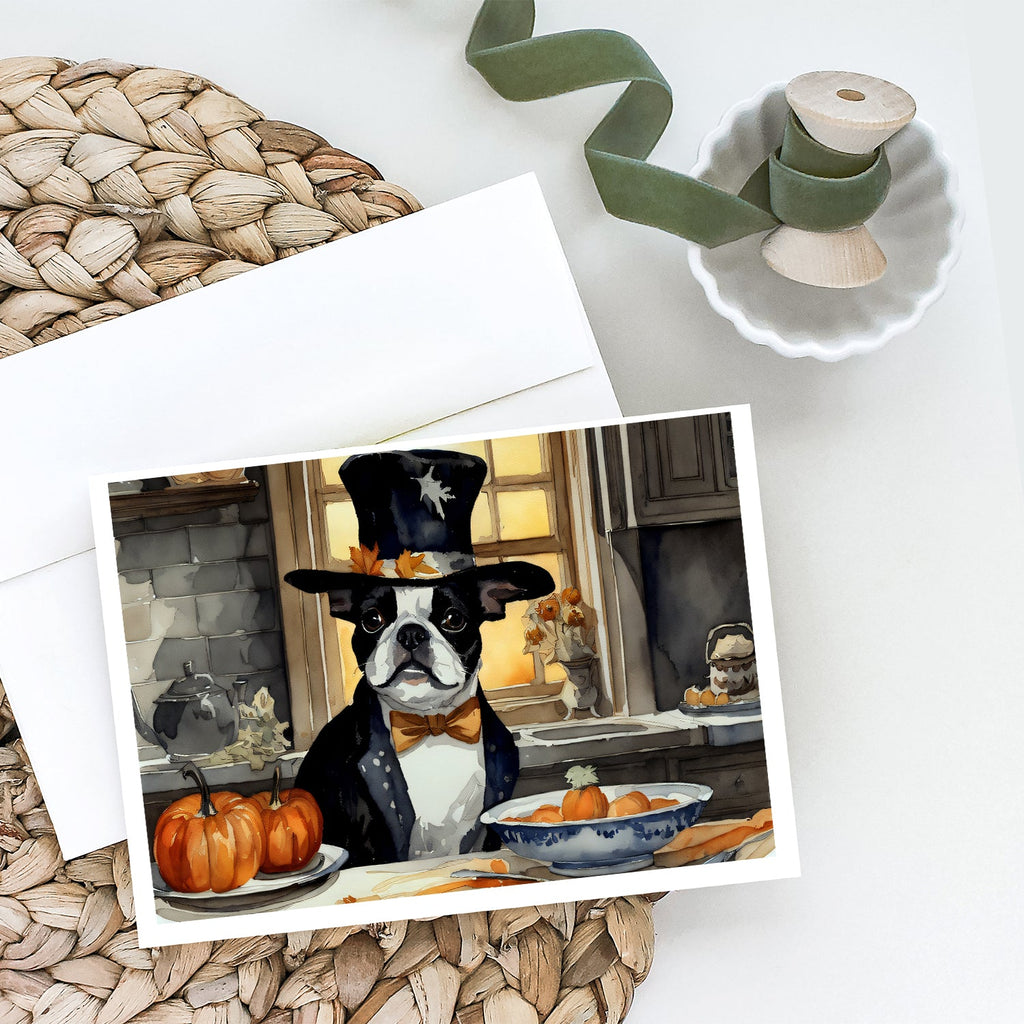 Boston Terrier Fall Kitchen Pumpkins Greeting Cards Pack of 8 Blank Cards with Envelopes Whimsical A7 Size 5x7