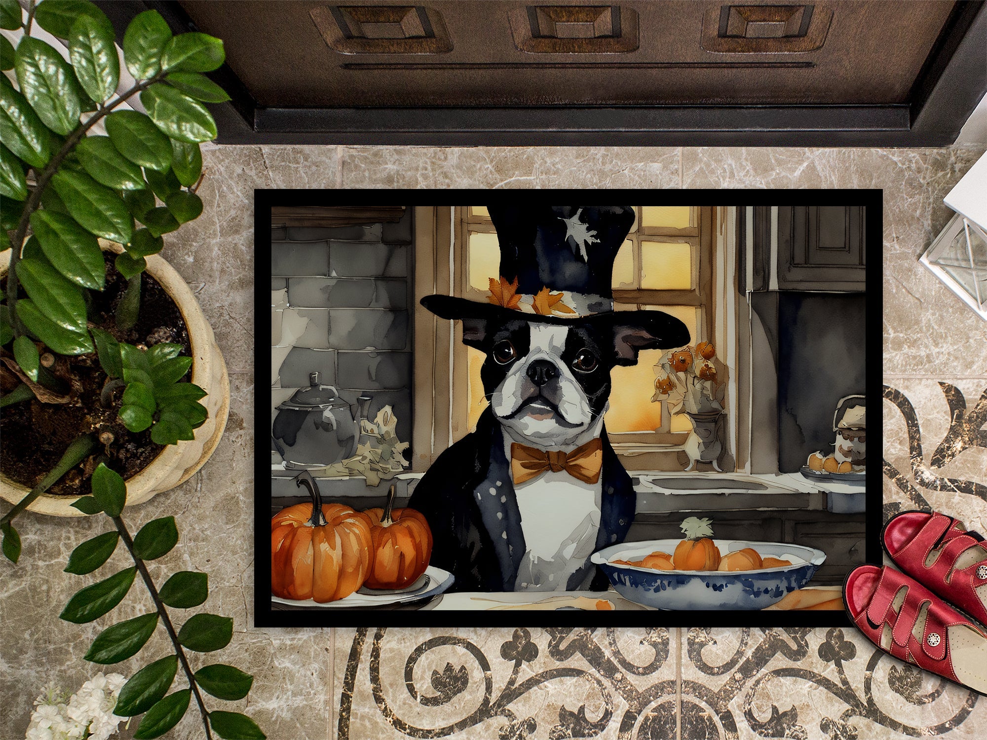 Boston Terrier Fall Kitchen Pumpkins Doormat Indoor Outdoor 24H X 36W Front Door Mat Rugs for Entryway, Non Slip Washable Low Pile,