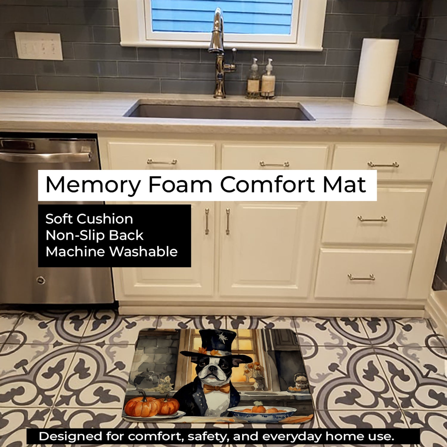 Boston Terrier Fall Kitchen Pumpkins Memory Foam Kitchen Mat Machine Washable Anti-Fatigue Cushion Comfort Bath or Kitchen Rug