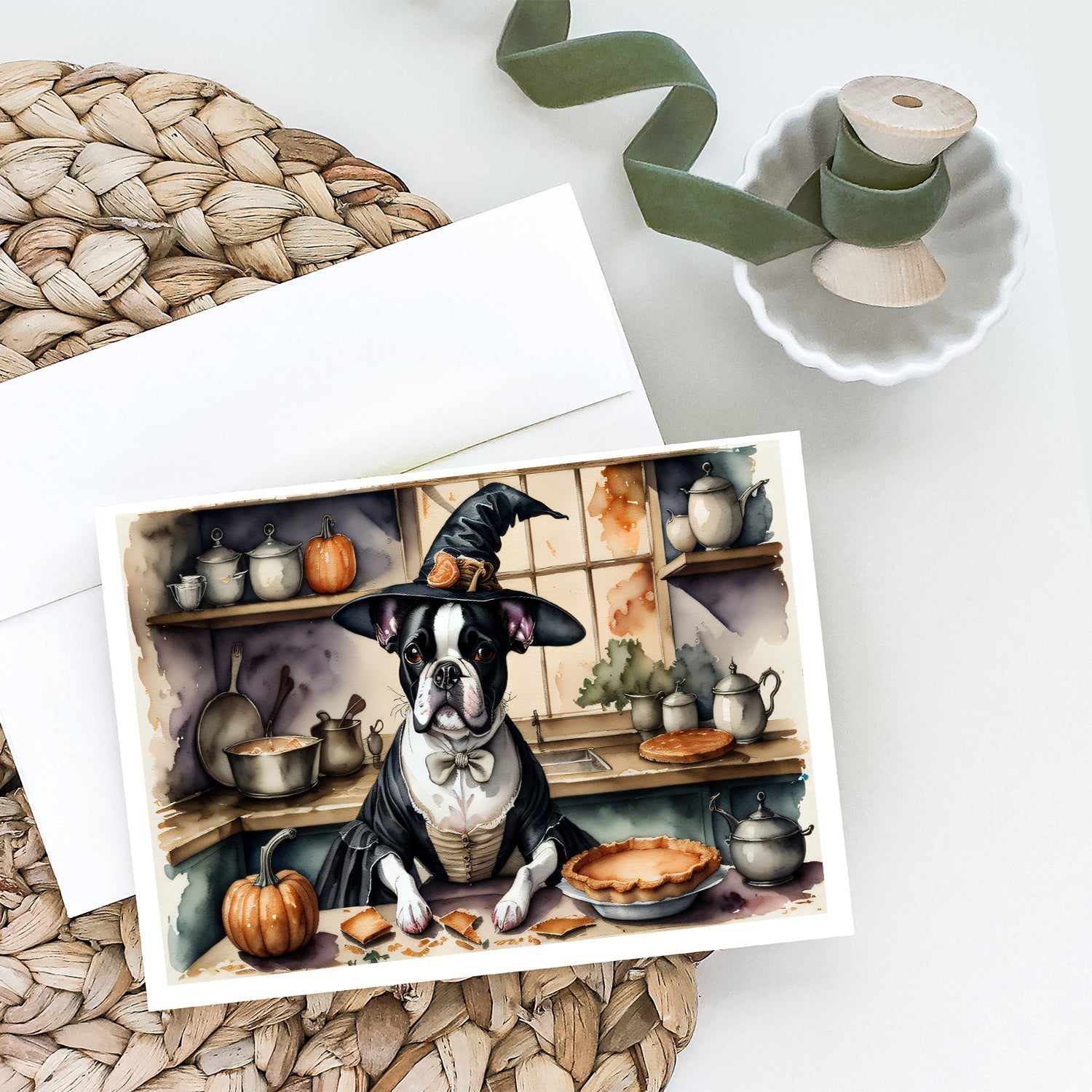 Boston Terrier Fall Kitchen Pumpkins Greeting Cards Pack of 8 Blank Cards with Envelopes Whimsical A7 Size 5x7