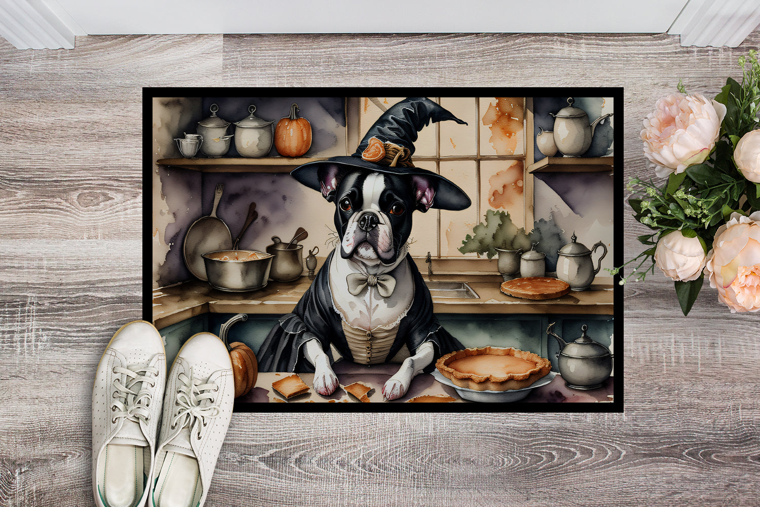 Boston Terrier Fall Kitchen Pumpkins Doormat Indoor Outdoor 18H X 27W Front Door Mat Rugs for Entryway, Non Slip Washable