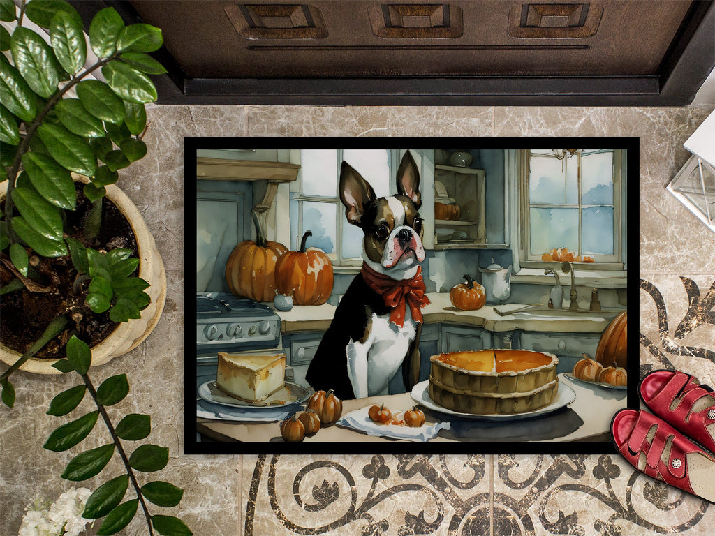 Boston Terrier Fall Kitchen Pumpkins Doormat Indoor Outdoor 18H X 27W Front Door Mat Rugs for Entryway, Non Slip Washable