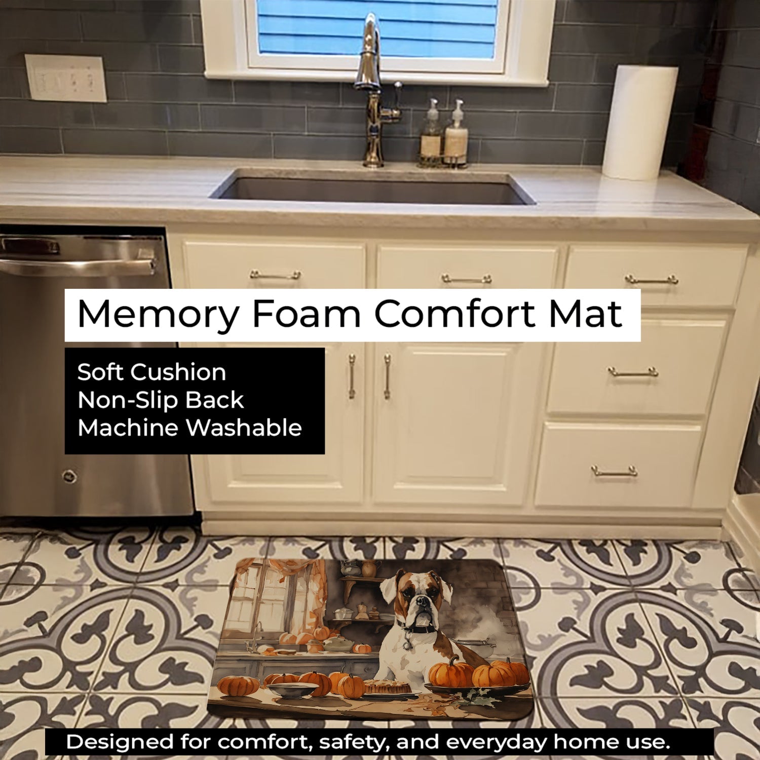 Boxer Fall Kitchen Pumpkins Memory Foam Kitchen Mat Machine Washable Anti-Fatigue Cushion Comfort Bath or Kitchen Rug