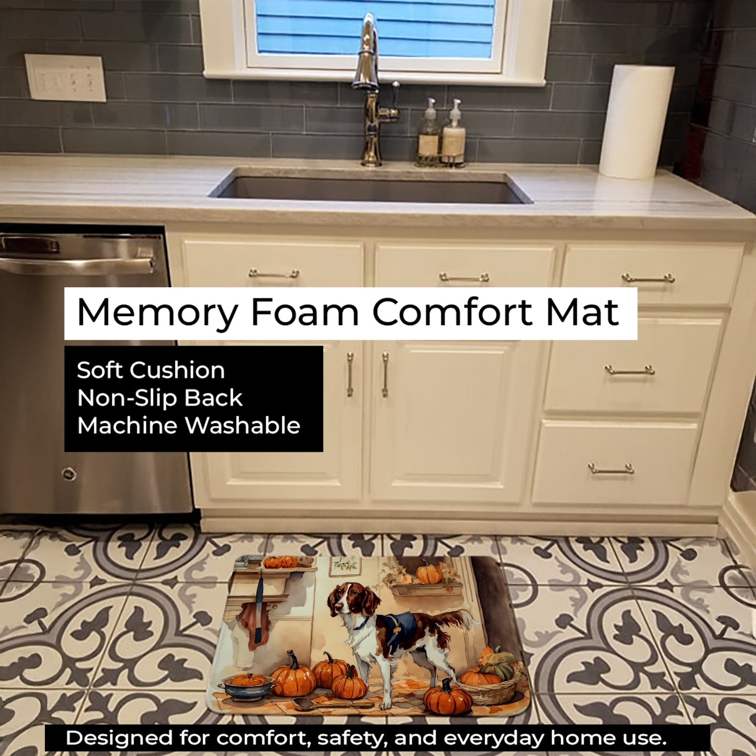 Brittany Fall Kitchen Pumpkins Memory Foam Kitchen Mat Machine Washable Anti-Fatigue Cushion Comfort Bath or Kitchen Rug