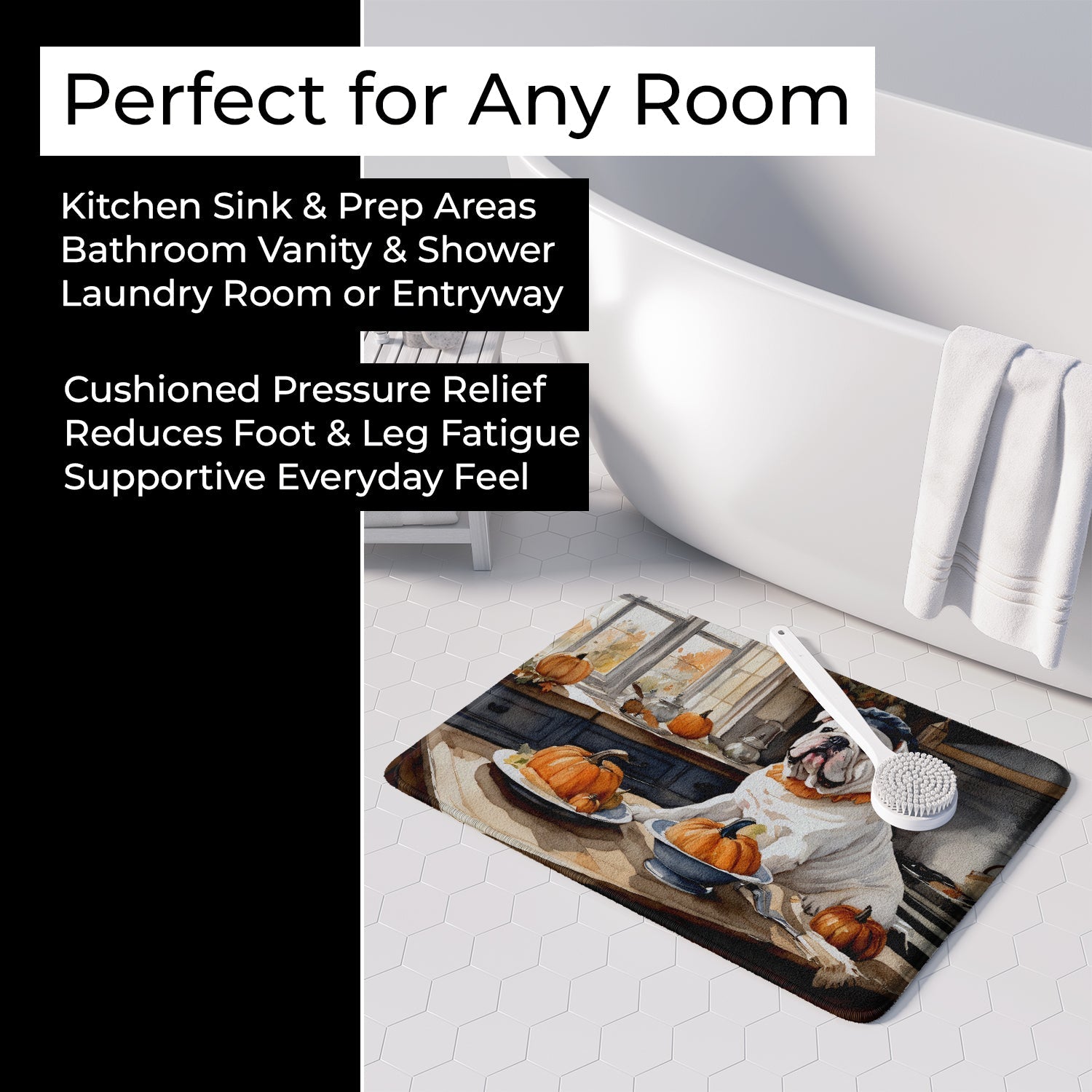 English Bulldog Fall Kitchen Pumpkins Memory Foam Kitchen Mat Machine Washable Anti-Fatigue Cushion Comfort Bath or Kitchen Rug